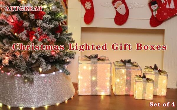 Christmas Lighted Gift Boxes, 100 LED Large Silver Presents Gift Box