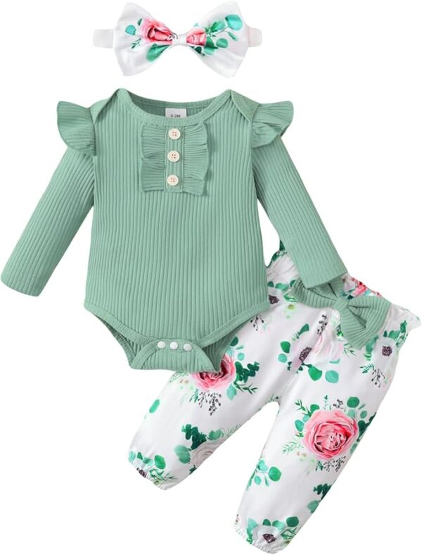 Baby Girl Clothes Newborn Infant Long Sleeve Ruffle Romper Floral Pants Outfit Set for 0-18 Months