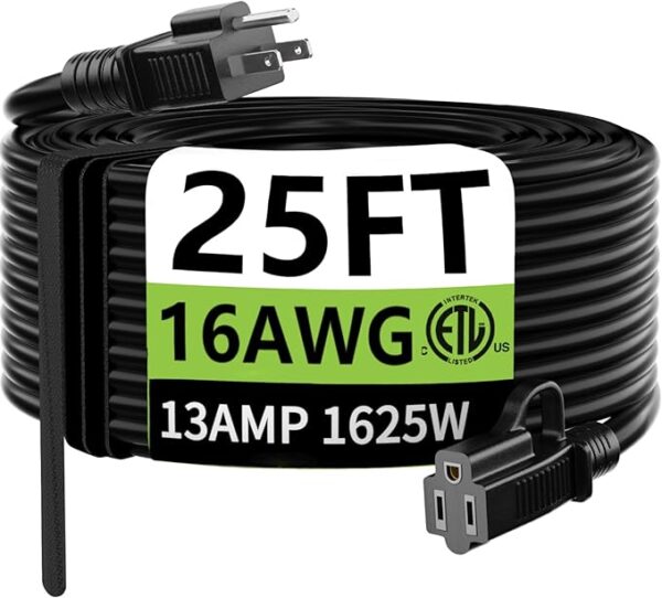 Indoor Outdoor Black Extension Cord 25 ft Waterproof, 16/3 Gauge Flexible Cold-Resistant