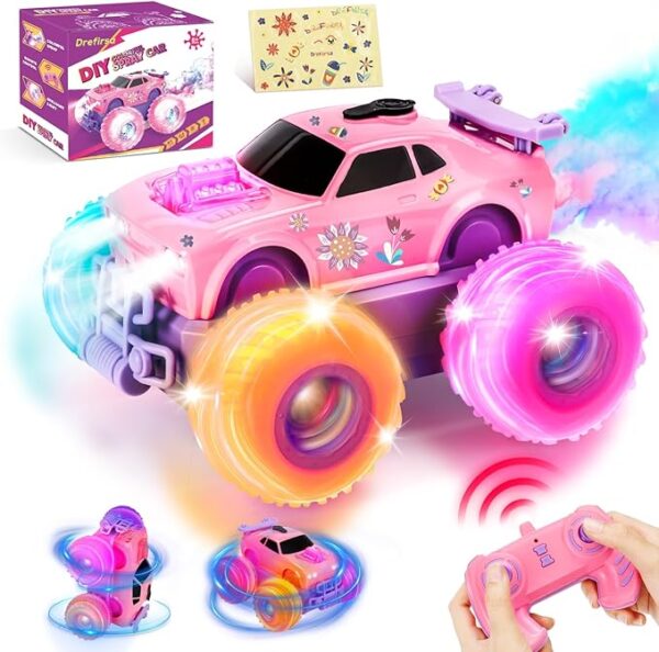 Pink Remote Control Car for Girls, Pink Princess RC Car with DIY Sticker, Colorful Lights,