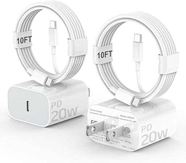 2Pack iPhone 16 15 Charger, 20W USB C Fast Charger with 60W 10FT Long