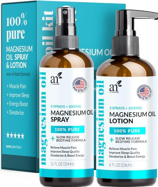 Magnesium Oil Spray 12 oz + Body Massage Lotion Set 8oz for Feet, Pain & Sleep