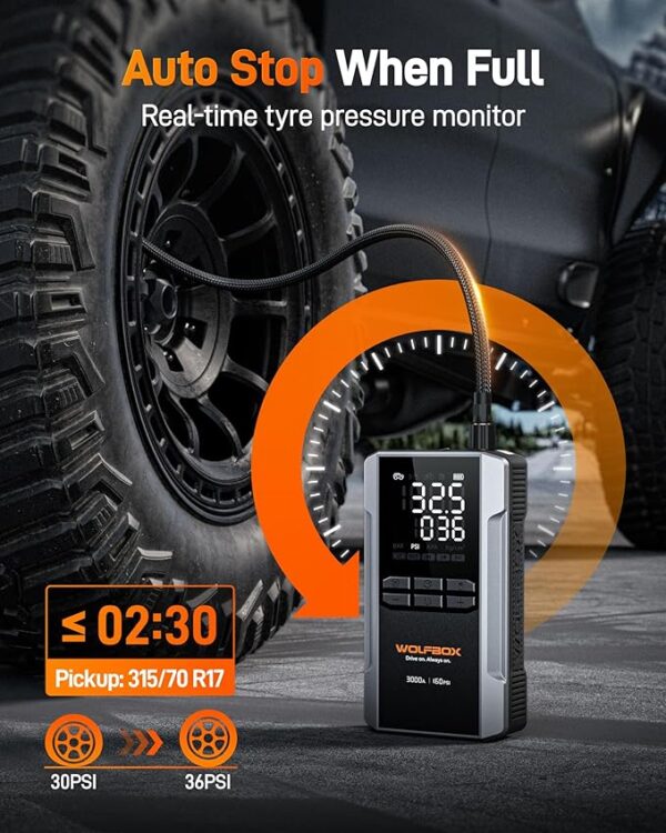 WOLFBOX 3000A Jump Starter with 160PSI Air Compressor, 12V Car Battery Booster