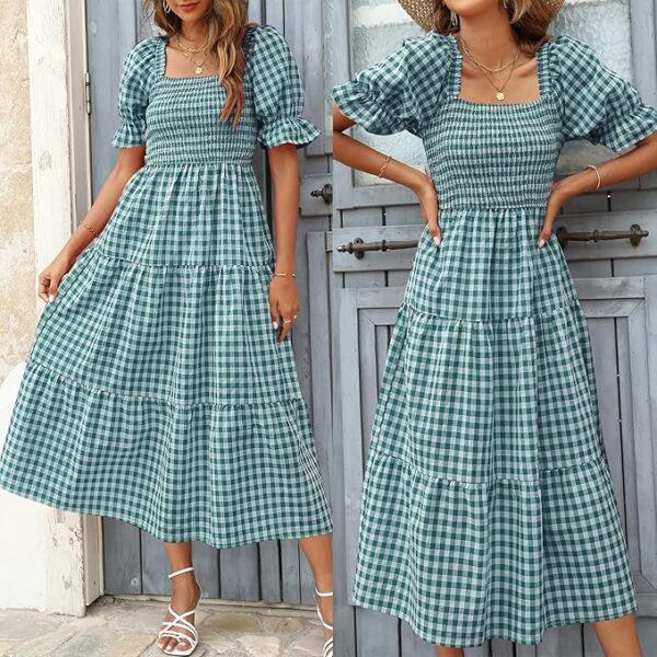 Women's 2025 Bohemian Summer Plaid Square Neck Puff Sleeve Ruffle Flowy Beach Midi Dress