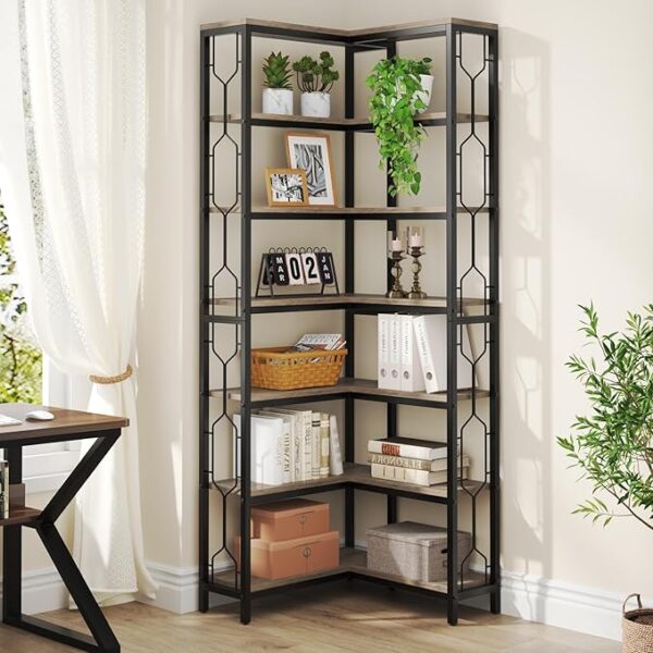 Corner Shelf, 7-Tier Industrial Corner Bookshelf, Wood and Metal Corner Etagere Bookcase