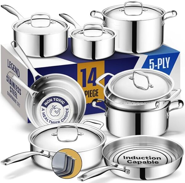 COOKWARE Stainless Steel Cookware Set | 5 Ply, 14-Piece, Induction, Non-Toxic, Oven Safe