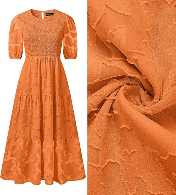 Women's 2025 Summer Short Puff Sleeve Crewneck Smocked Floral Lace Flowy A Line Tiered Maxi