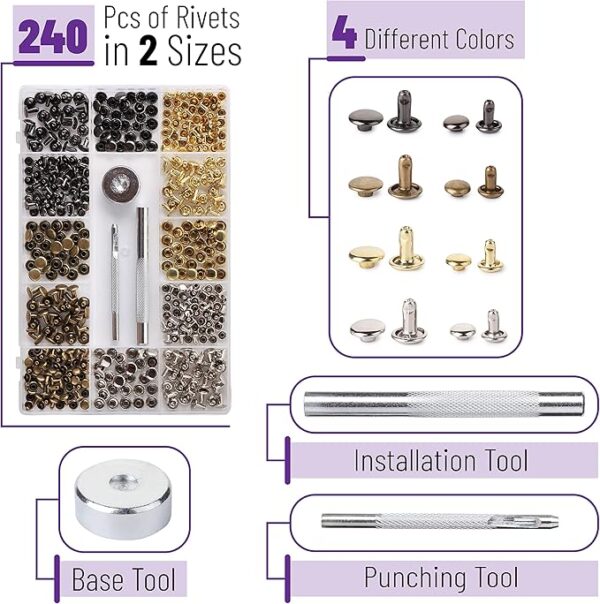 Leather Rivets Kit, 4 Colors, 2 Sizes, 240 pcs, Tubular Metal Studs with Fixing Tools