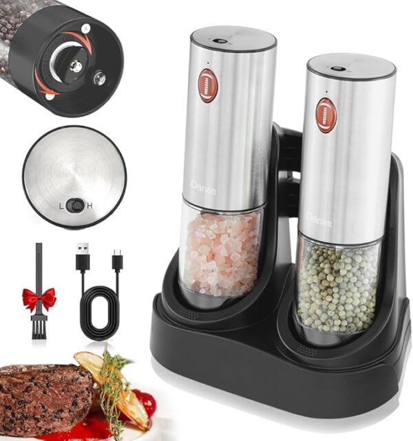 New 2Pack Rechargeable Electric Salt and Pepper Grinder Set with Charging Base Portable