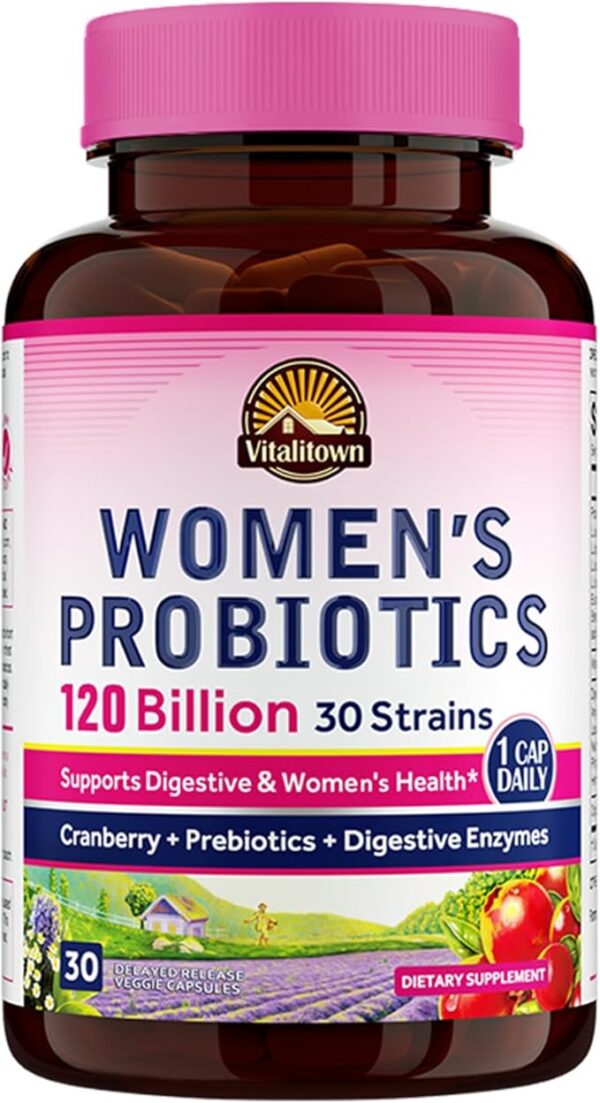 Probiotics for Women 120 Billion CFUs, 30 Strains, with Prebiotics & Digestive Enzymes & Cranberry, Gut & Vaginal Health, Vegan 30 Delayed Release Caps