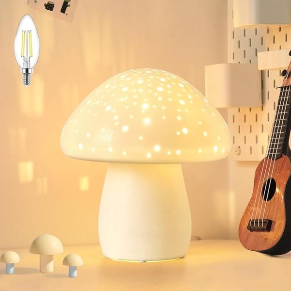 Mushroom Lamp, Ceramic Bedside Table Lamp for Bedroom Nightstand