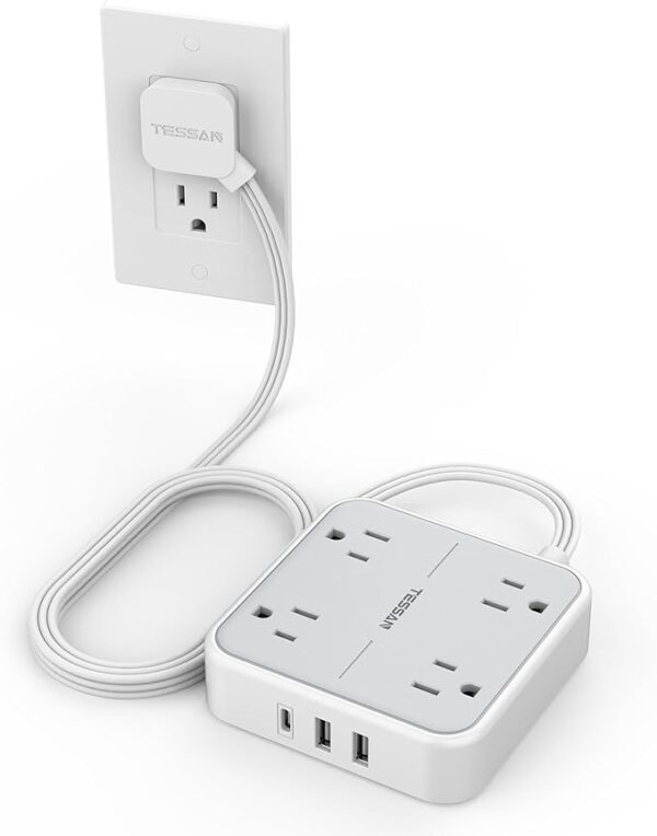 Flat Plug Surge Protector Power Strip, TESSAN 5 ft Ultra Thin Extension Cord with 3 USB Wall Charger