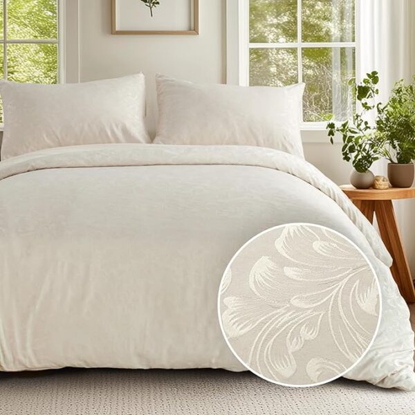 Boho Textured Floral Jacquard Duvet Cover Set for All Seasons, 3 Pieces Bedding Set with 2 Pillow