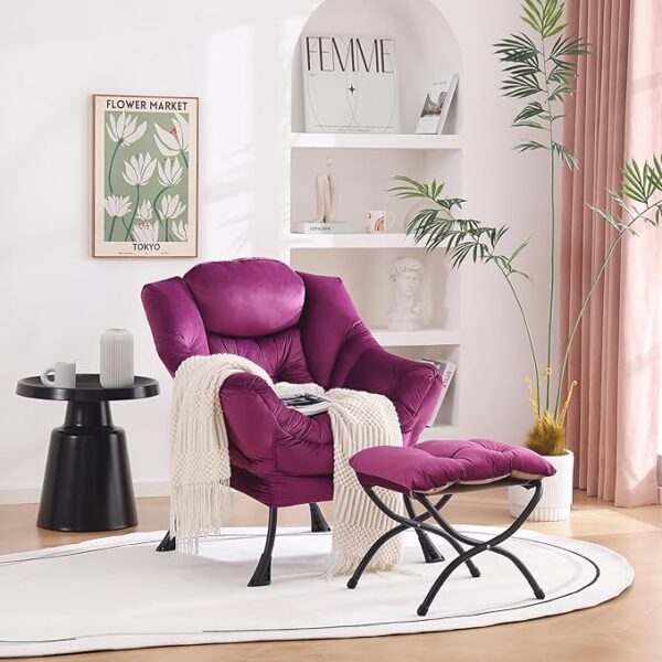Welnow Lazy Chair with Ottoman, Modern Lounge Accent Chair with Armrests and a Side Pocket,