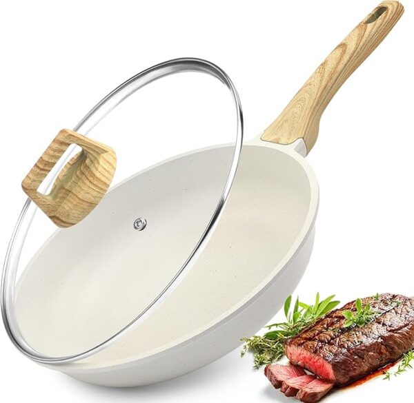 Nonstick Frying Pan Skillet with Lid - 11" White Granite Non Stick Pans, Omelette Pan