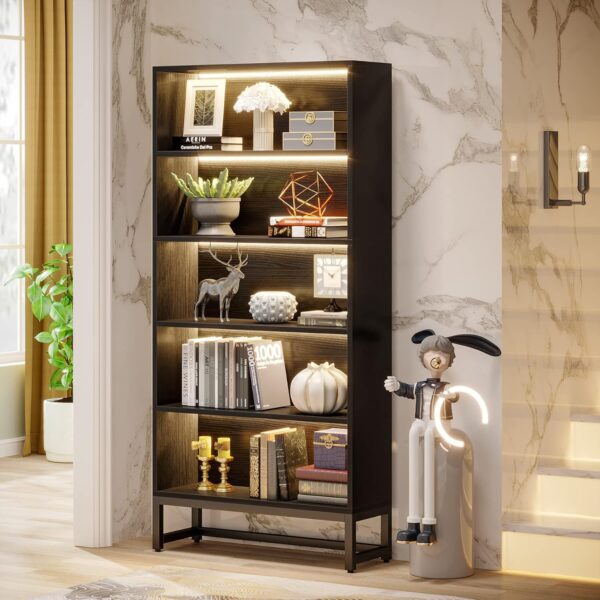 Tall Bookcase Black Bookshelf, 70.8” Large Bookcases Organizer with LED Lights,