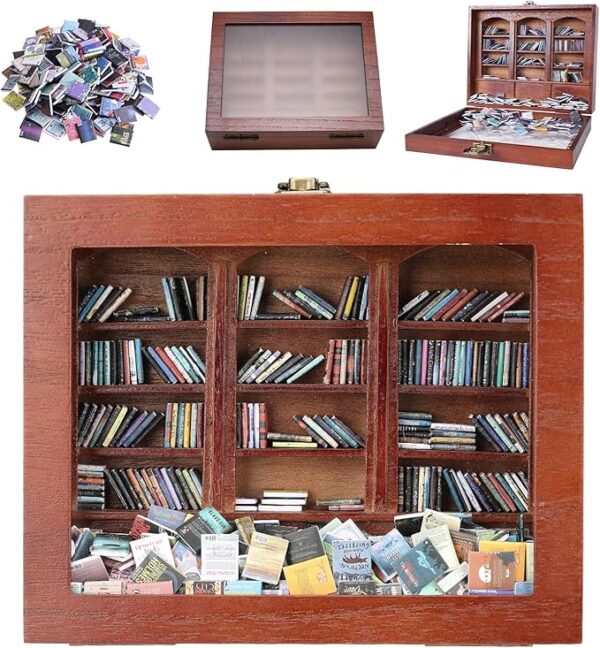 Bookshelf Tiny Miniature Library Display Cabinet with Mini Books | Stress Relief and Creativity Decor