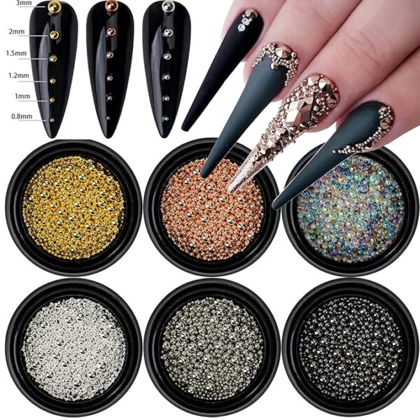 6 Boxes Nail Art Beads Nail Art Metal Balls Nail Beads For Nail Art Gold Silver Rose Gold Nail Art