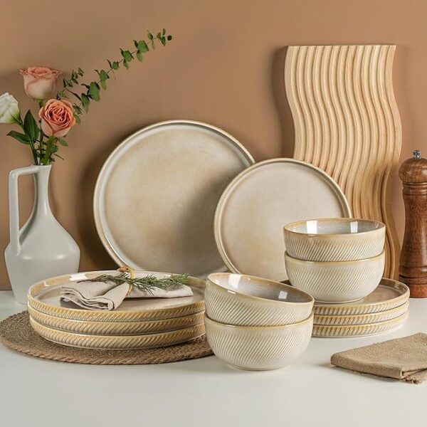 Dinnerware Sets for 4, 12-Piece Scratch Resistant Plates and Bowls Set, Dishwasher and Microwave