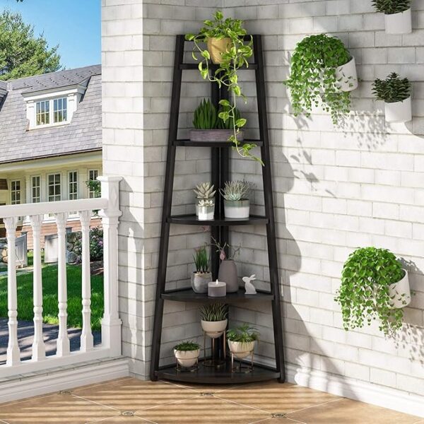 Tall Corner Shelf, 5 Tier Modern Corner Bookshelf Bookcase Industrial Corner Ladder Shelf Plant
