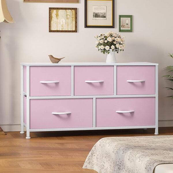 Wide Storage Tower with 5 Drawers - Fabric Dresser, Organizer Unit for Bedroom, Living Room,