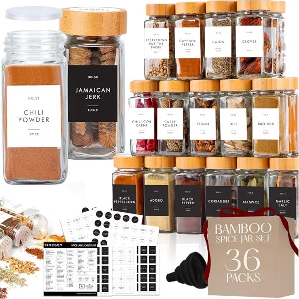 Glass Spice Jars with Label with Bamboo Lids Minimalist 36 Pack Set, 4oz Clear Empty Bottles