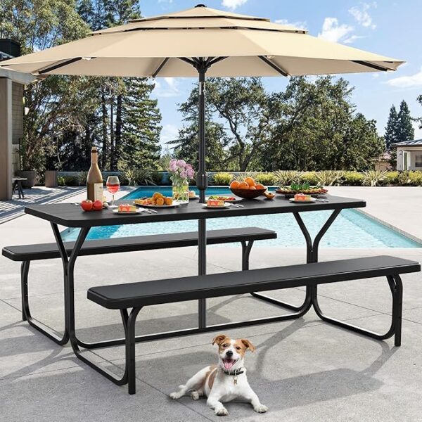 6FT Picnic Table, Heavy Duty Outdoor Picnic Table and Bench w/Umbrella Hole,