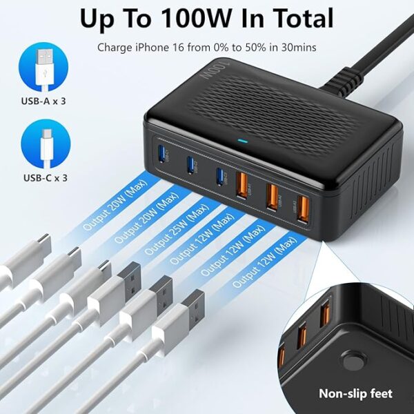 100W 6 Port USB C Fast Charger Block,Charging Station Hub for Multiple Devices
