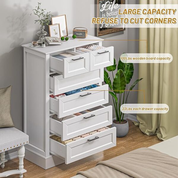 White Dresser with 6 Drawers, Vertical Tall Dresser for Bedroom, Wood Dresser for Hallway, - Image 2