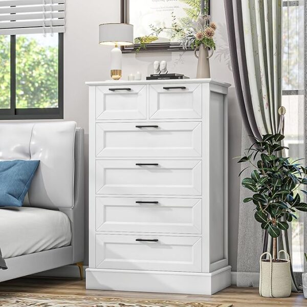 White Dresser with 6 Drawers, Vertical Tall Dresser for Bedroom, Wood Dresser for Hallway,