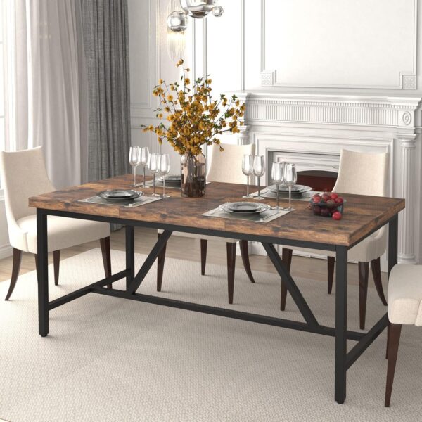 Large Kitchen Dining Room Table for 6-8 People, Rustic Brown Farmhouse Industrial Wood Style - Image 2