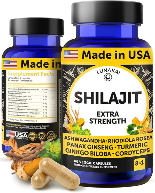 USA Made Pure Shilajit Capsules with Ashwagandha, Rhodiola & Cordyceps - Extra Strength Shilajit