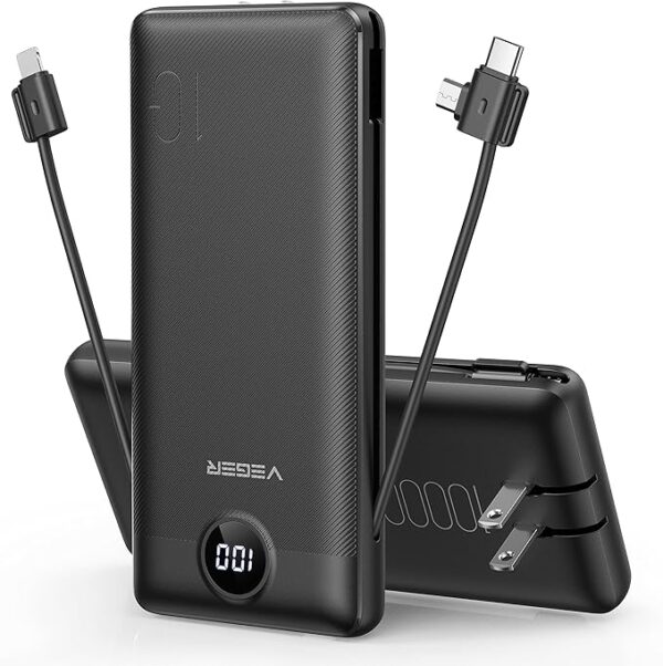 Portable Charger for iPhone Built in Cables and Wall Plug, 10000mah Slim Fast Charging USB C