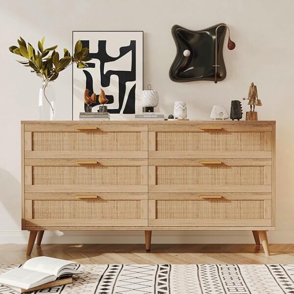 Drawer Double Dresser for Bedroom, Rattan Chest of Dressers, Modern Wooden Dresser Chest