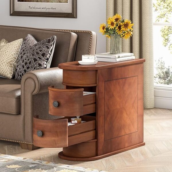 Wood End Table with 2 Drawers Sofa Side Table, No Assembly Required Vintage Slim Nightstand Bed - Image 2