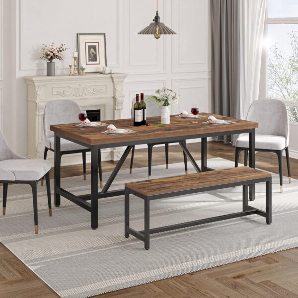 Large Kitchen Dining Room Table for 6-8 People, Rustic Brown Farmhouse Industrial Wood Style