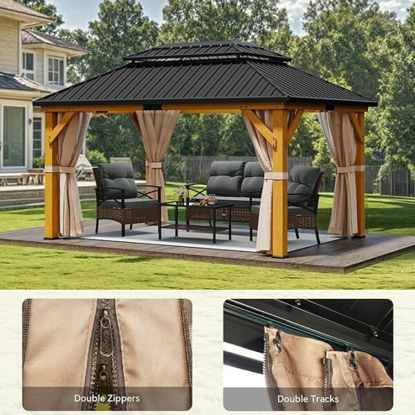 Hardtop Gazebo with Nettings and Curtains, Heavy Duty Double Roof Galvanized Steel Outdoor - Image 3