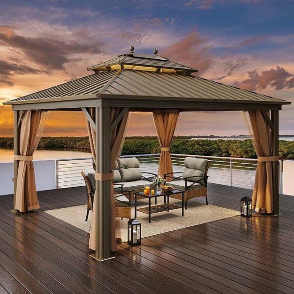 Hardtop Gazebo with Nettings and Curtains, Heavy Duty Double Roof Galvanized Steel Outdoor