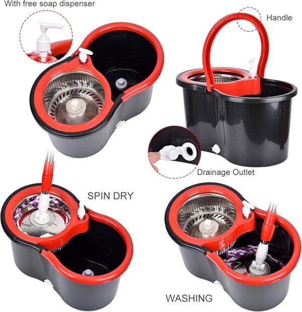 Mop and Bucket Set, 360° Spin Mop and Bucket with Wringer Set and 3 Microfiber Mop Refills, - Image 2