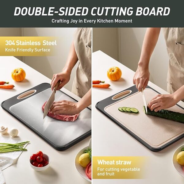 2 in 1 Stainless Steel Cutting Board with Handle Chopping Large Big Small Metal Carving Kitchen