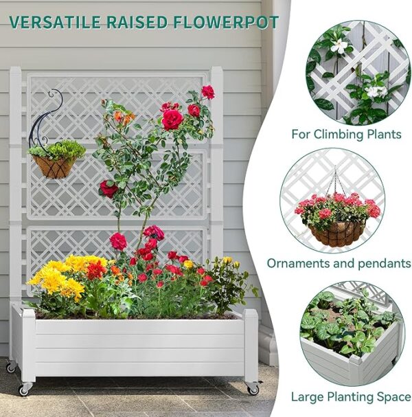 Planter Trellis Box with Wheels & Drain Plug, Outdoor Resin Raised Garden Bed for Climbing Plants - Image 2