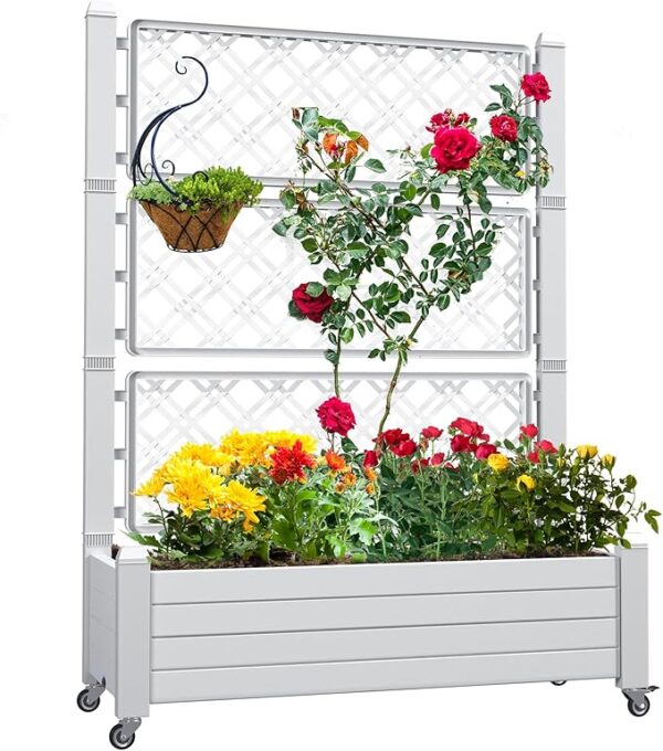 Planter Trellis Box with Wheels & Drain Plug, Outdoor Resin Raised Garden Bed for Climbing Plants