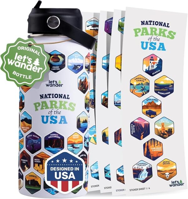 Original National Parks Water Bottle with 63 Waterproof Stickers - 32oz Leakproof Insulated Stainless