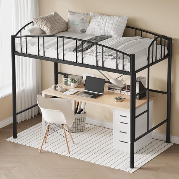 Loft Bed Twin Size, Heavy Duty Metal Loft Bed Frame with Arched Guardrail and Safety Ladder - Image 2